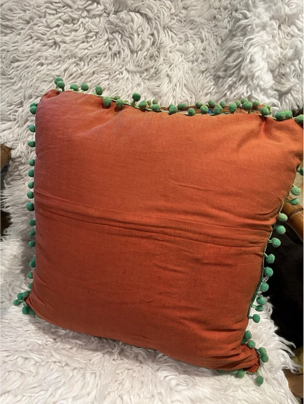 Karma Living Bohemian Coral Green Pom Pom Throw Pillow Hippie 60s Colorful 14” 2
